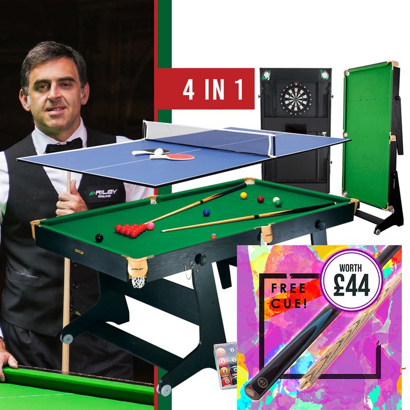 Riley 6ft 4 in 1 Folding Snooker Table - Snooker, Pool, Dartboard and Table Tennis Top - Black/Wood Effect with Green Cloth - Folds Vertically Riley 6ft 4 in 1 Folding Snooker Table - Snooker, Pool, Dartboard and Table Tennis Top - Black/Wood Effect with Green Cloth - Folds Vertically