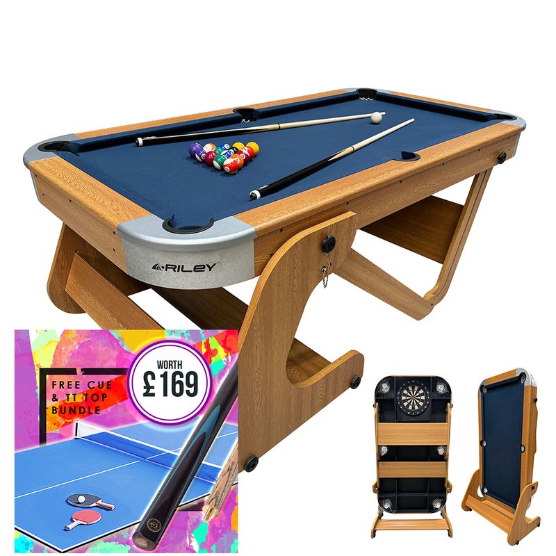 Riley 6ft 6in Supersize Folding Pool Table - Beech Finish with Blue Cloth - Folds Vertically - Free Table Tennis Top