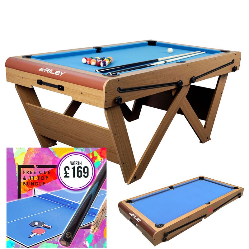 Riley 6ft Folding Snooker and Pool Table - Oak Finish with Blue Cloth - Folds Flat