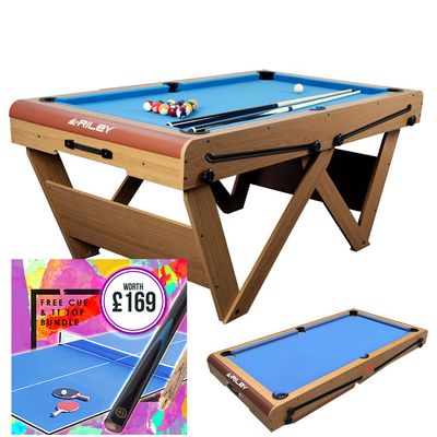 Riley 6ft Folding Snooker and Pool Table - Oak Finish with Blue Cloth - Folds Flat