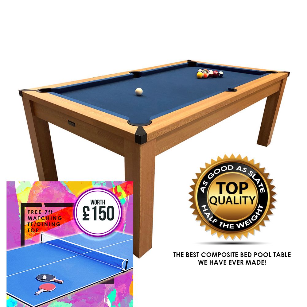 Riley 7ft Semi Pro American Pool Table - Oak with Blue Cloth - Metal Frame - Free Table Tennis/Dining Top, 2 Pc Table Top with Table Table Tennis Feature: FREE - Yes Please!