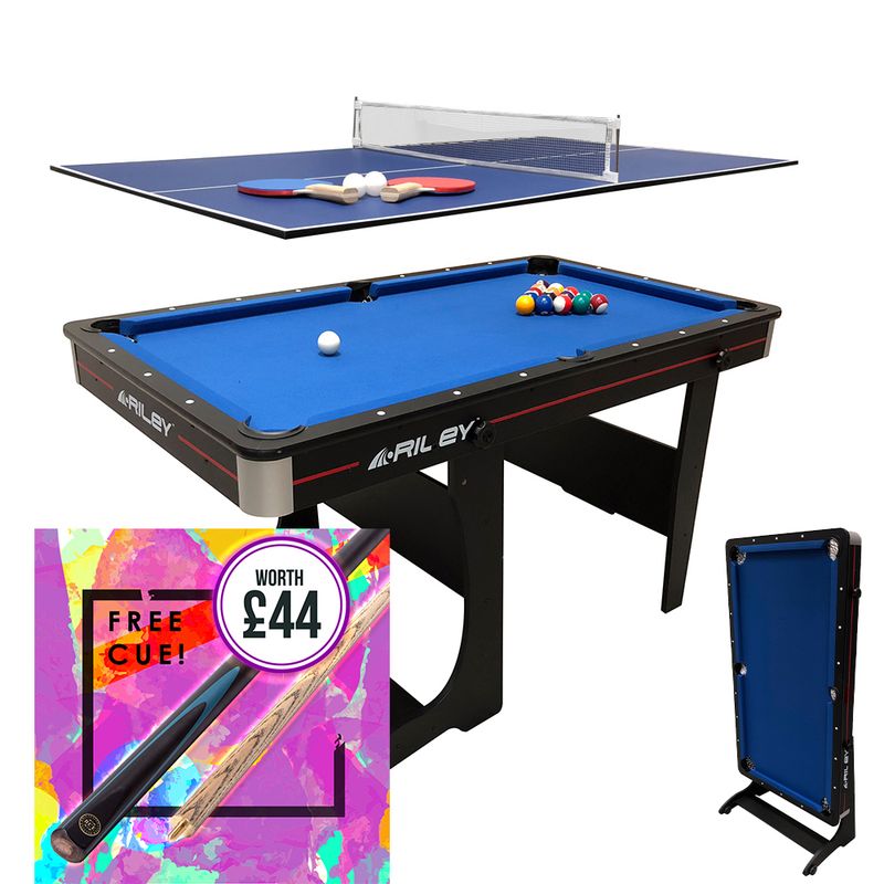 Riley 5ft 2 in 1 Folding Pool Table with Table Tennis Table - Black with Blue Cloth - Folds Vertically
