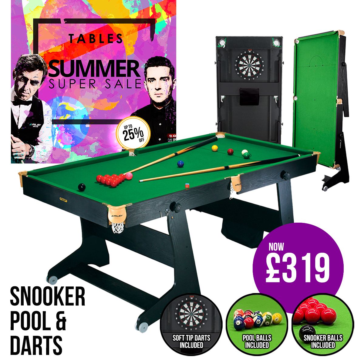 Riley 6ft 3 in 1 Folding Snooker Table - Snooker, Pool and Dartboard - Black/Wood Effect with Green Cloth - Folds Vertically