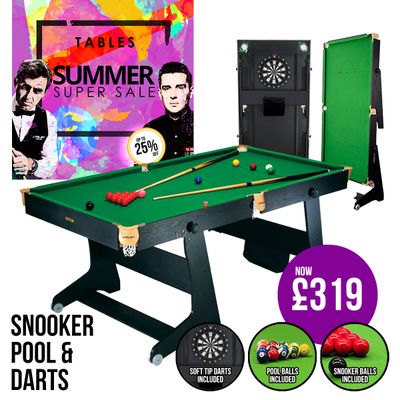Riley 6ft 3 in 1 Folding Snooker Table - Snooker, Pool and Dartboard - Black/Wood Effect with Green Cloth - Folds Vertically Riley 6ft 3 in 1 Folding Snooker Table - Snooker, Pool and Dartboard - Black/Wood Effect with Green Cloth - Folds Vertically