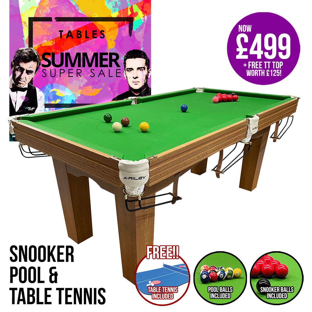 Riley 6ft Traditional Snooker and Pool Table - Oak Finish - Green Cloth - Fixed Leg - Free Table Top