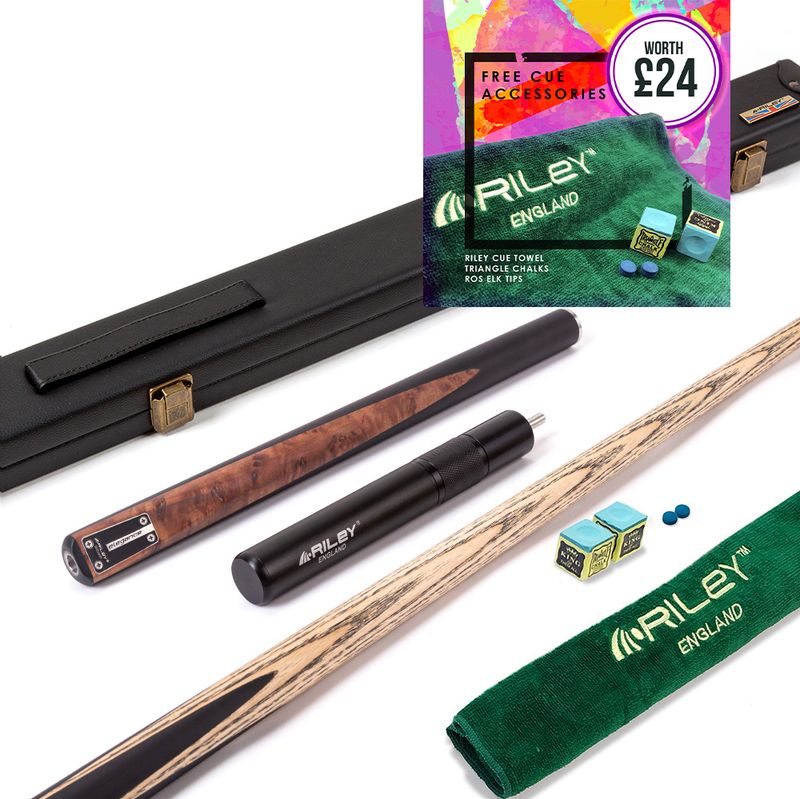 Riley Elegance - 3 Piece Snooker Cue and Hard Case 3/4 Cut- Ebony Butt- 9.5mm Pro Tip - 145cm - Black/ Natural Golden Madrone Burl Front Splice Riley Elegance - 3 Piece Snooker Cue and Hard Case 3/4 Cut- Ebony Butt- 9.5mm Pro Tip - 145cm - Black/ Natural Golden Madrone Burl Front Splice