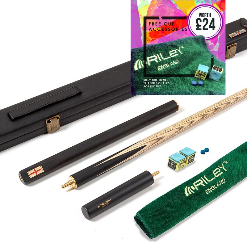 Riley England 3 Piece Snooker Cue and Hard Case 3/4 Cut- Layered Ebonised Black Wood Butt with 9.5mm Tip - 145cm - Black