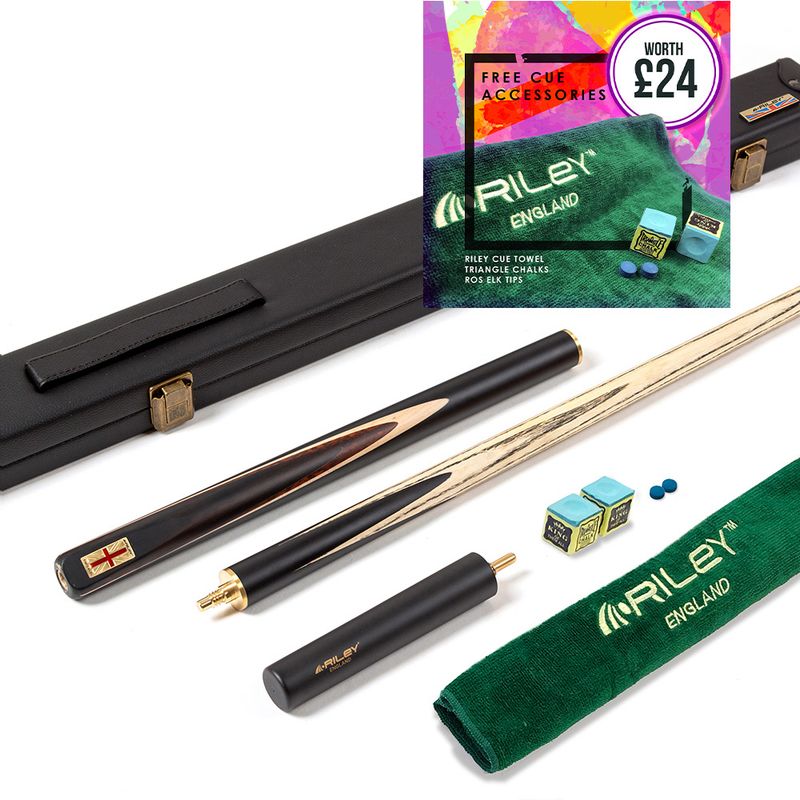 Riley England 3 Piece Snooker Cue and Hard Case 3/4 Cut- Layered Ebonised Black Wood Butt with 9.5mm Tip - 145cm - Black/ Dark Wood/ Maple Riley England 3 Piece Snooker Cue and Hard Case 3/4 Cut- Layered Ebonised Black Wood Butt with 9.5mm Tip - 145cm - Black/ Dark Wood/ Maple
