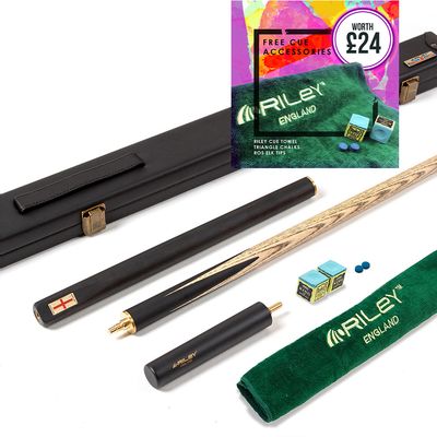 Riley England 3 Piece English Pool Cue 3/4 Cut - 9mm Tip - 145cm - Black/Ash - with Deluxe Hard Case
