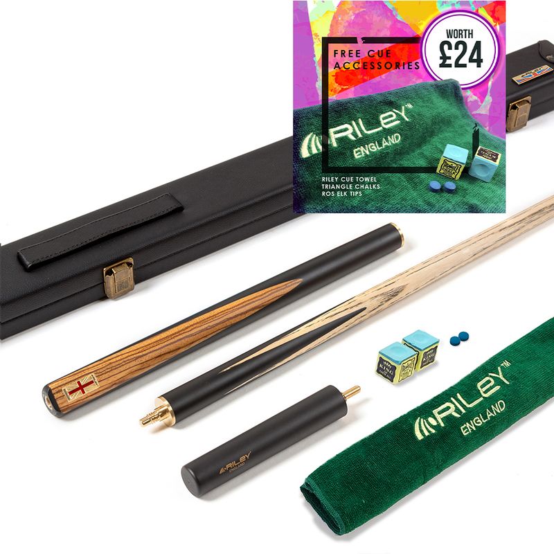 Riley England 3 Piece Snooker Cue and Hard Case 3/4 Cut- Layered Ebonised Black Wood Butt with 9.5mm Tip - 145cm - Black/ Dark Wood Riley England 3 Piece Snooker Cue and Hard Case 3/4 Cut- Layered Ebonised Black Wood Butt with 9.5mm Tip - 145cm - Black/ Dark Wood