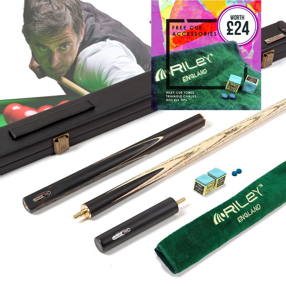 Riley Ronnie O&#39;Sullivan 3 Piece Snooker Cue and Hard Case 3/4 Cut- Layered Ebonised Black Wood Butt - 9.5mm Tip - 145cm - Black/ Grey