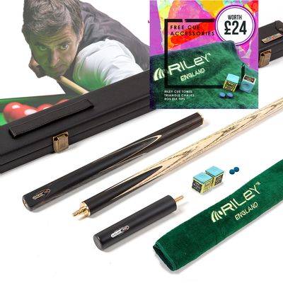 Riley Ronnie O'Sullivan 3 Piece Snooker Cue and Hard Case 3/4 Cut- Layered Ebonised Black Wood Butt - 9.5mm Tip - 145cm - Black/ Grey Riley Ronnie O'Sullivan 3 Piece Snooker Cue and Hard Case 3/4 Cut- Layered Ebonised Black Wood Butt - 9.5mm Tip - 145cm - Black/ Grey