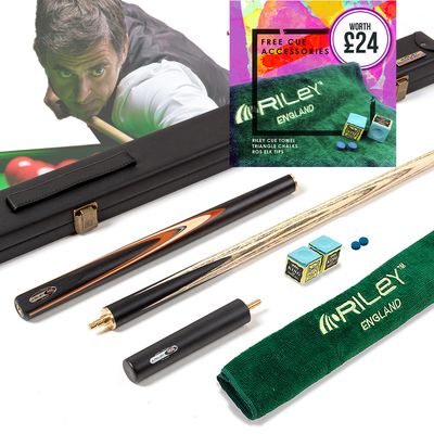 Riley Ronnie O'Sullivan 3 Piece Snooker Cue and Hard Case 3/4 Cut- Layered Ebonised Black Wood Butt - 9.5mm Tip - 145cm - Black/ Tan/ Natural Wood Riley Ronnie O'Sullivan 3 Piece Snooker Cue and Hard Case 3/4 Cut- Layered Ebonised Black Wood Butt - 9.5mm Tip - 145cm - Black/ Tan/ Natural Wood