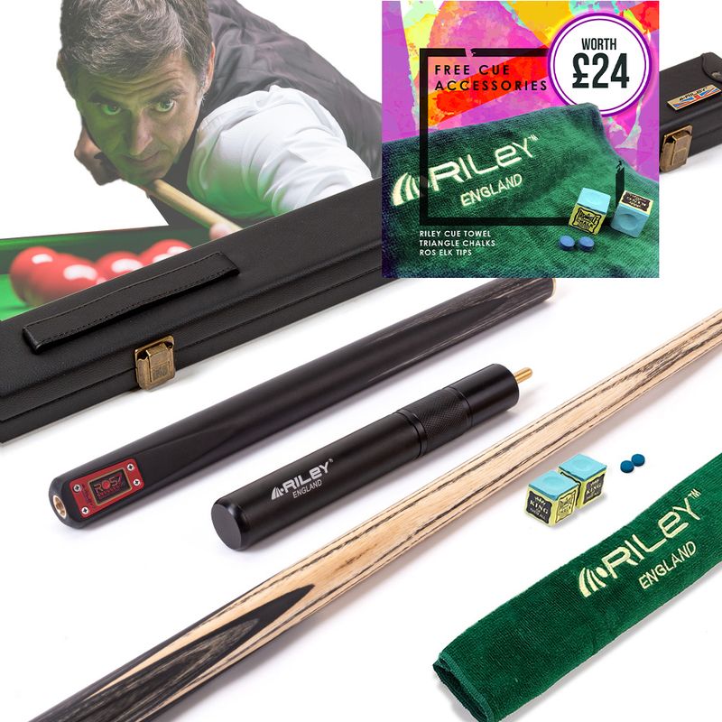 Riley ROS7 - Ronnie O'Sullivan 3 Piece Snooker Cue and Hard Case 3/4 Cut- Layered Ebonised Black Wood Butt - 9.5mm Tip - 145cm - Black/ Grey/ Natural Riley ROS7 - Ronnie O'Sullivan 3 Piece Snooker Cue and Hard Case 3/4 Cut- Layered Ebonised Black Wood Butt - 9.5mm Tip - 145cm - Black/ Grey/ Natural