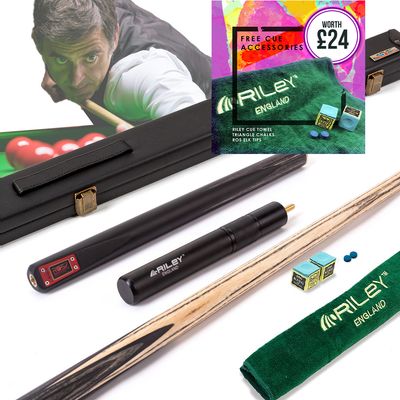 Riley ROS7 - Ronnie O'Sullivan 3 Piece Snooker Cue and Hard Case 3/4 Cut- Layered Ebonised Black Wood Butt - 9.5mm Tip - 145cm - Black/ Grey/ Natural Riley ROS7 - Ronnie O'Sullivan 3 Piece Snooker Cue and Hard Case 3/4 Cut- Layered Ebonised Black Wood Butt - 9.5mm Tip - 145cm - Black/ Grey/ Natural