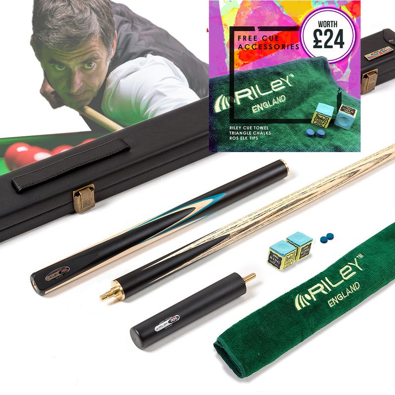 Riley Ronnie O'Sullivan 3 Piece Snooker Cue and Hard Case 3/4 Cut- Layered Ebonised Black Wood Butt - 9.5mm Tip - 145cm - Black/ Green/ Natural Wood Riley Ronnie O'Sullivan 3 Piece Snooker Cue and Hard Case 3/4 Cut- Layered Ebonised Black Wood Butt - 9.5mm Tip - 145cm - Black/ Green/ Natural Wood