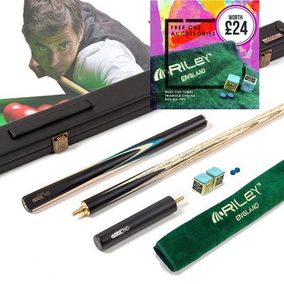 Riley Ronnie O'Sullivan 3 Piece Snooker Cue and Hard Case 3/4 Cut- Layered Ebonised Black Wood Butt - 9.5mm Tip - 145cm - Black/ Green/ Natural Wood Riley Ronnie O'Sullivan 3 Piece Snooker Cue and Hard Case 3/4 Cut- Layered Ebonised Black Wood Butt - 9.5mm Tip - 145cm - Black/ Green/ Natural Wood