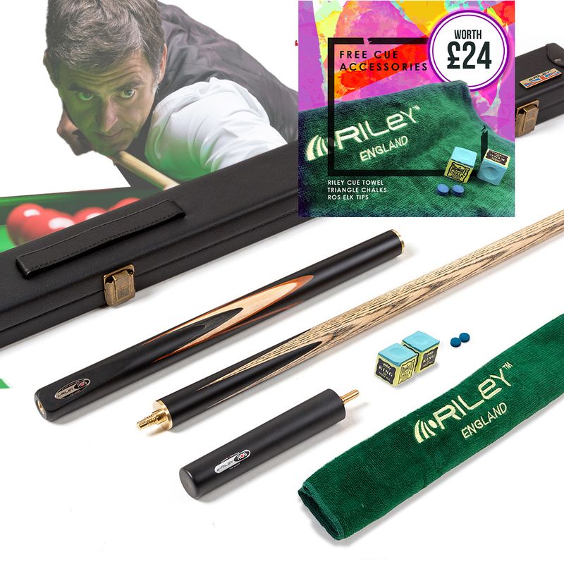 Riley Ronnie O'Sullivan 3 Piece Snooker Cue and Hard Case 3/4 Cut- Layered Ebonised Black Wood Butt - 9.5mm Tip - 145cm - Black/ Tan/ Grey/ Natural Riley Ronnie O'Sullivan 3 Piece Snooker Cue and Hard Case 3/4 Cut- Layered Ebonised Black Wood Butt - 9.5mm Tip - 145cm - Black/ Tan/ Grey/ Natural