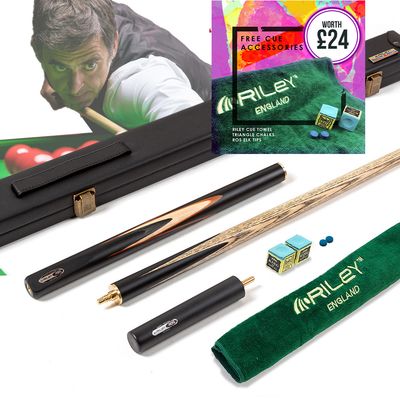Riley Ronnie O'Sullivan 3 Piece Snooker Cue and Hard Case 3/4 Cut- Layered Ebonised Black Wood Butt - 9.5mm Tip - 145cm - Black/ Tan/ Grey/ Natural Riley Ronnie O'Sullivan 3 Piece Snooker Cue and Hard Case 3/4 Cut- Layered Ebonised Black Wood Butt - 9.5mm Tip - 145cm - Black/ Tan/ Grey/ Natural
