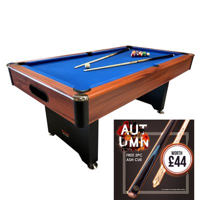 BCE 6ft American Pool Table - Black/Wood Effect with Blue Cloth - Fixed Leg - Ball Return System