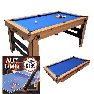BCE 6ft Razor Folding Pool Table - Blue Cloth/ Oak Finish - Folds Flat - Free Table Tennis Top
