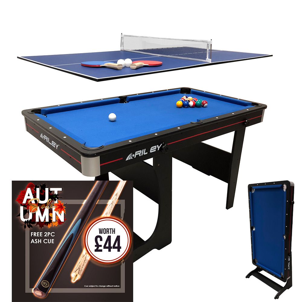 Riley 5ft 2 in 1 Folding Pool Table with Table Tennis Table - Black with Blue Cloth - Folds Vertically