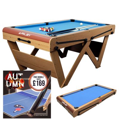 Riley 6ft Folding Snooker and Pool Table - Oak Finish with Blue Cloth - Folds Flat