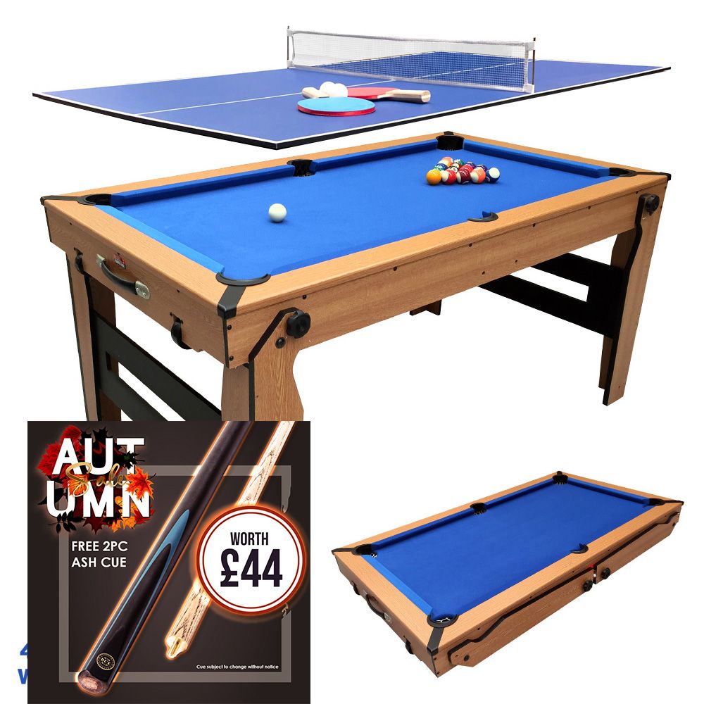 BCE 5ft Razor Folding 2 in 1 Pool Table with Table Tennis Top - Blue Cloth/ Oak Finish - Folds Flat