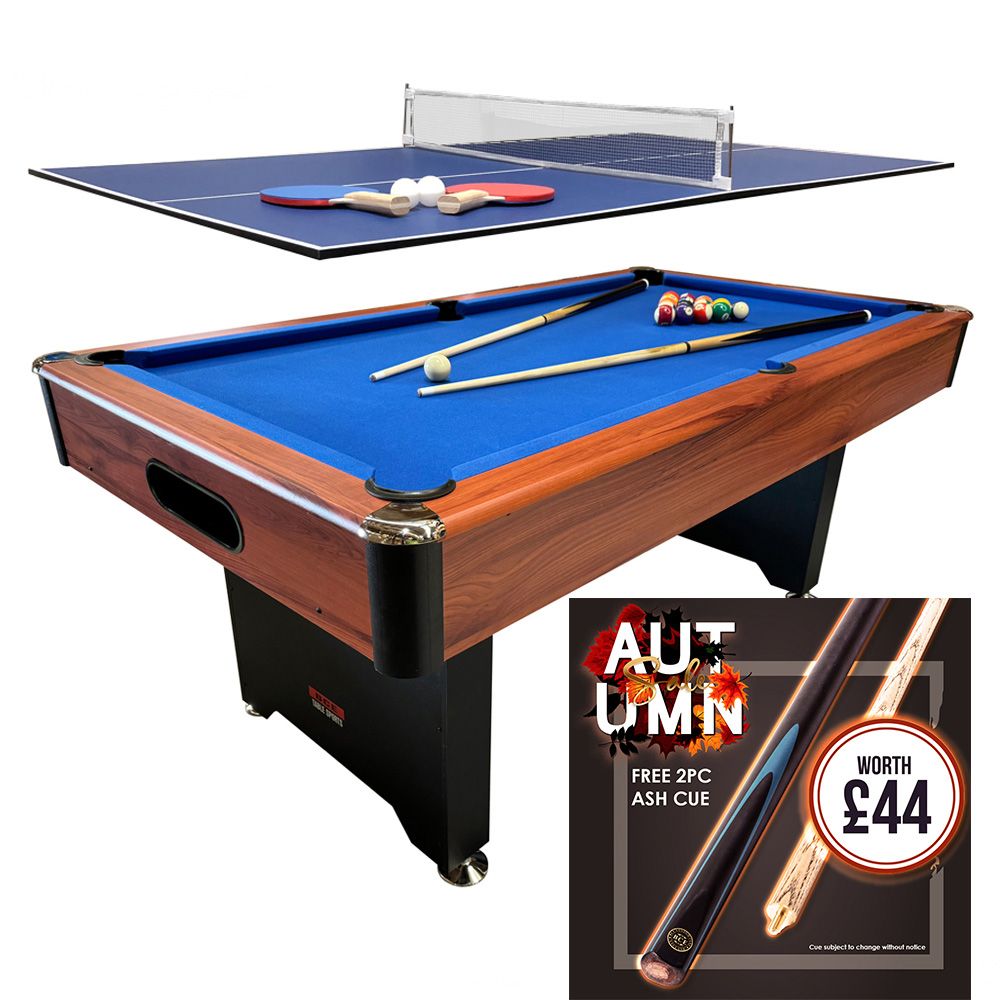 BCE 6ft 2 in 1 American Pool Table with Table Tennis Top - Black/Wood Effect with Blue Cloth - Fixed Leg - Ball Return System