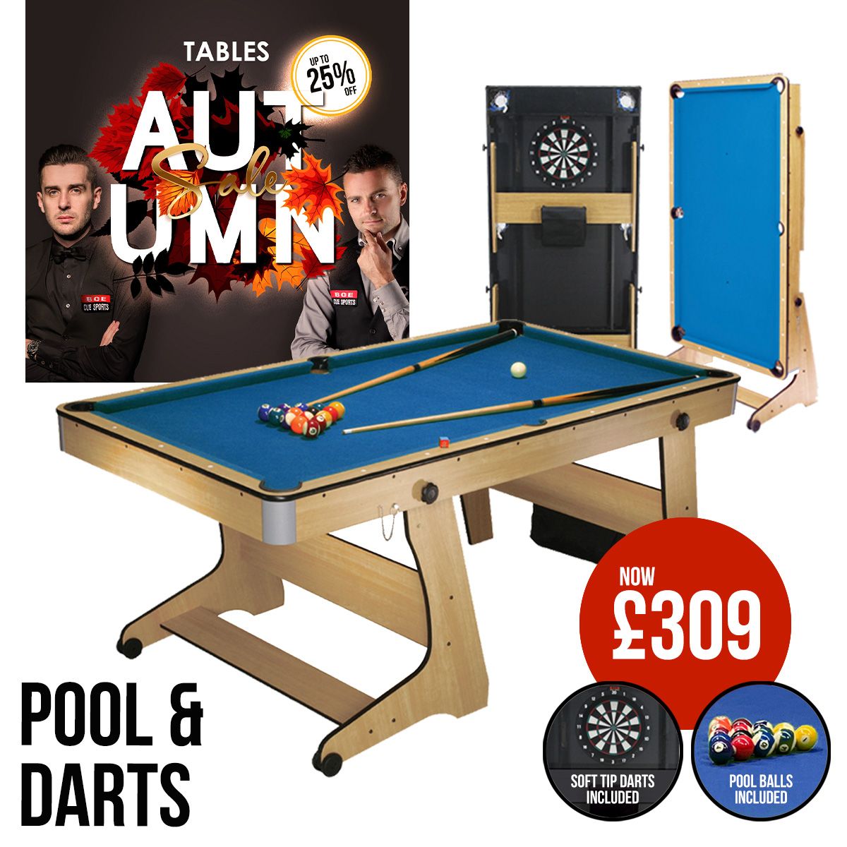 BCE 6ft Folding 2 in 1 Pool Table with Dartboard - Blue Cloth/ Beech Finish - Folds Vertically