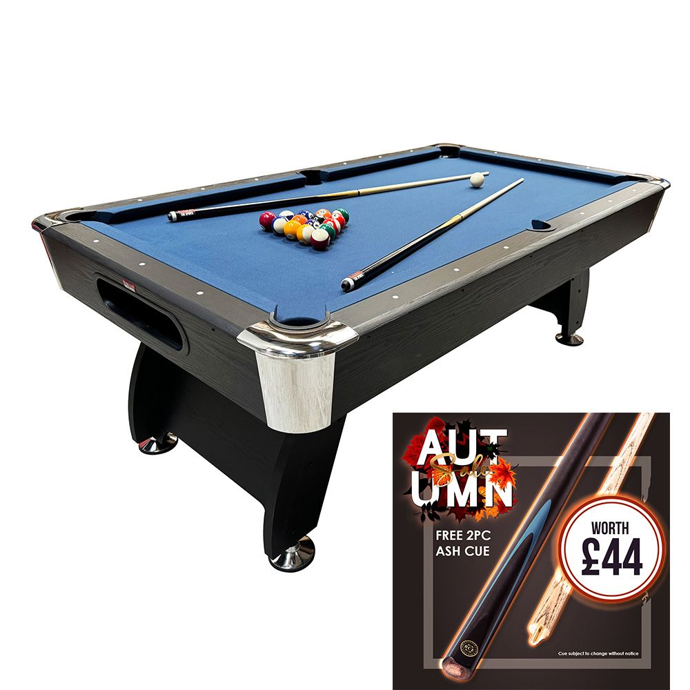 BCE 7ft Black Cat American Pool Table - Black/Wood Effect with Blue Cloth - Fixed Leg - Ball Return System