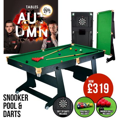 Riley 6ft 3 in 1 Folding Snooker Table - Snooker, Pool and Dartboard - Black/Wood Effect with Green Cloth - Folds Vertically