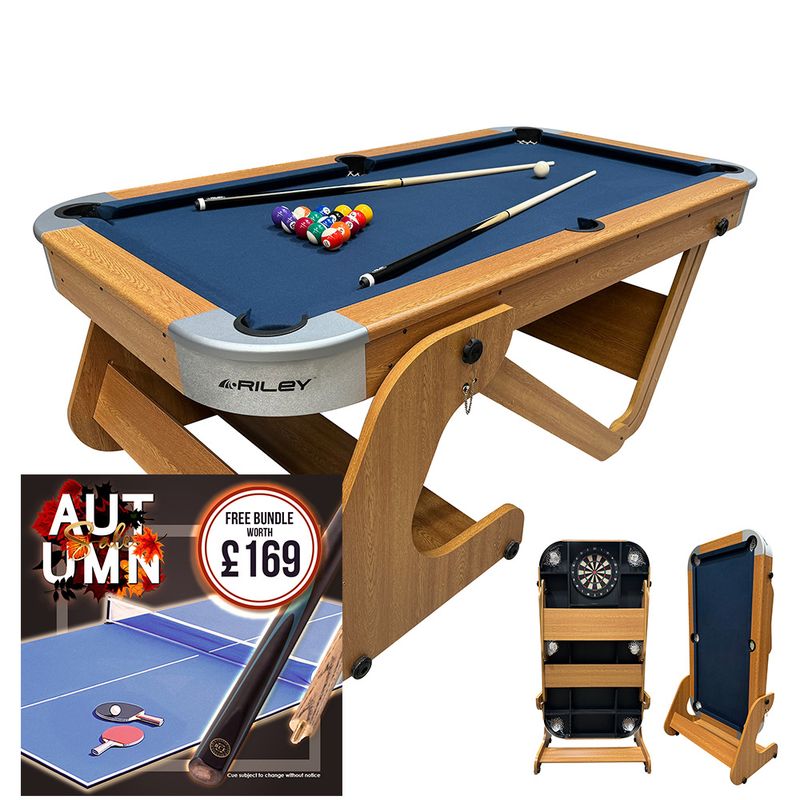 Riley 6ft 6in Supersize Folding Pool Table - Beech Finish with Blue Cloth - Folds Vertically - Free Table Tennis Top