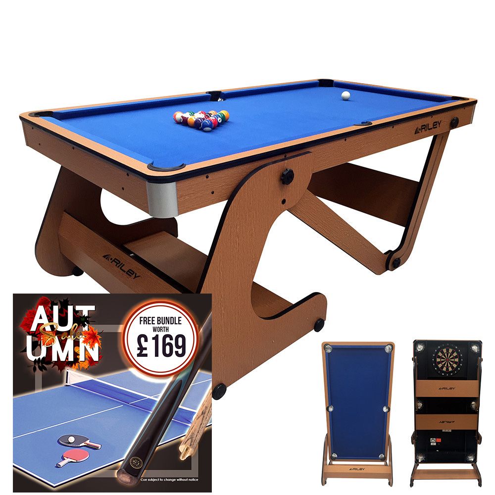 Riley 6ft Folding Pool Table with Dartboard - Beech Finish with Blue Cloth - Folds Vertically - Free Table Tennis Top