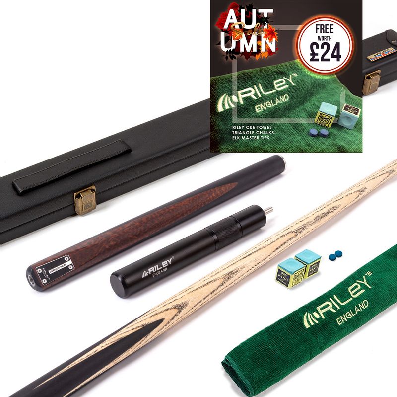 Riley Elegance - 3 Piece Snooker Cue and Hard Case 3/4 Cut- Ebony Butt- 9.5mm Pro Tip - 145cm - Black/ Natural Snake Wood Front Splice