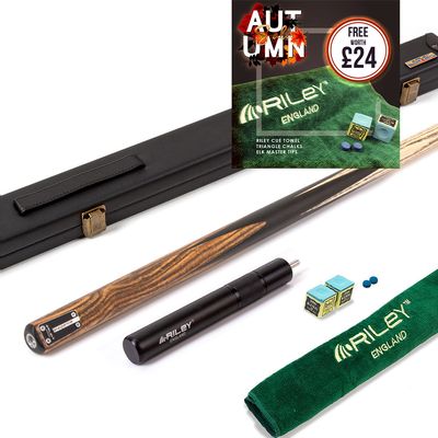 Riley Elegance - 2 Piece Snooker Cue and Hard Case - 1 Piece Cue - Ebony Butt- 9.5mm Pro Tip - 145cm - Black/ Natural Golden Sandal 360˚ Splicing