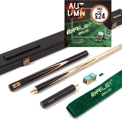 Riley England 3 Piece English Pool Cue 3/4 Cut - 9mm Tip - 145cm - Black/ Snake Wood/ Ash - with Deluxe Hard Case