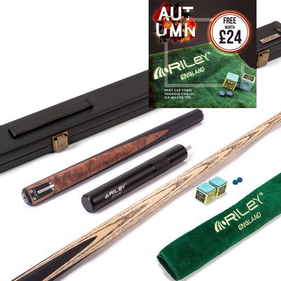 Riley Elegance - 3 Piece Snooker Cue and Hard Case 3/4 Cut- Ebony Butt- 9.5mm Pro Tip - 145cm - Black/ Natural Golden Madrone Burl Front Splice
