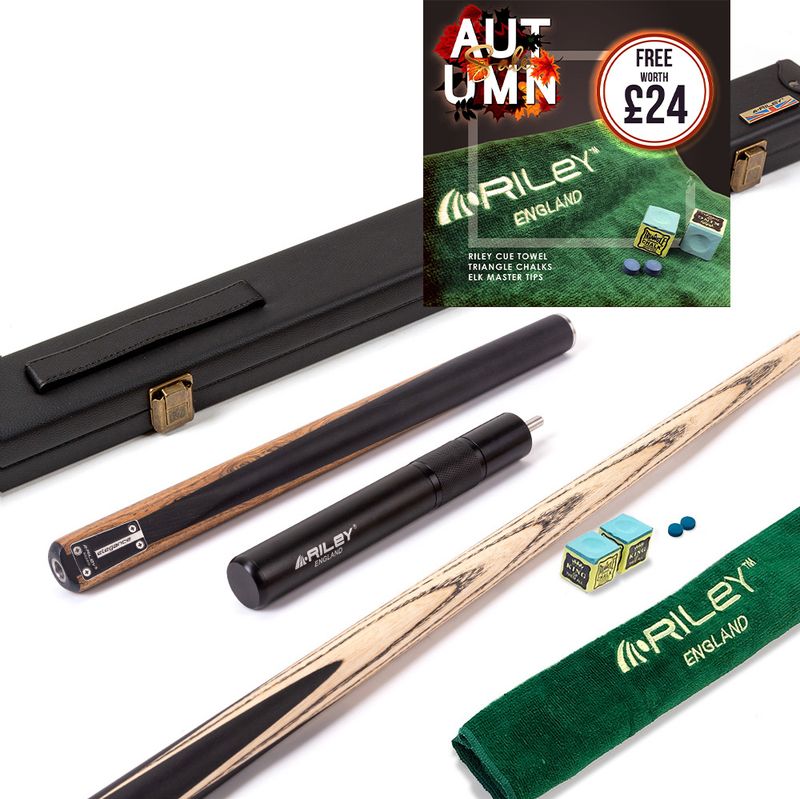 Riley Elegance - 3 Piece Snooker Cue and Hard Case 3/4 Cut- Ebony Butt- 9.5mm Pro Tip - 145cm - Black/ Natural Golden Sandal Splicing
