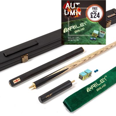 Riley England 3 Piece Snooker Cue and Hard Case 3/4 Cut- Layered Ebonised Black Wood Butt with 9.5mm Tip - 145cm - Black