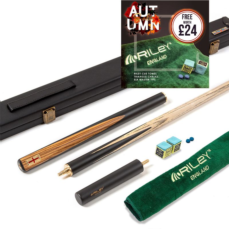 Riley England 3 Piece Snooker Cue and Hard Case 3/4 Cut- Layered Ebonised Black Wood Butt with 9.5mm Tip - 145cm - Black/ Dark Wood