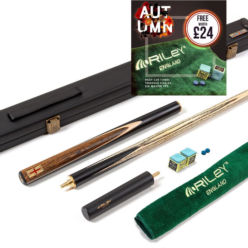 Riley England 3 Piece Snooker Cue and Hard Case 3/4 Cut- Layered Ebonised Black Wood Butt with 9.5mm Tip - 145cm - Black/ Dark Wood