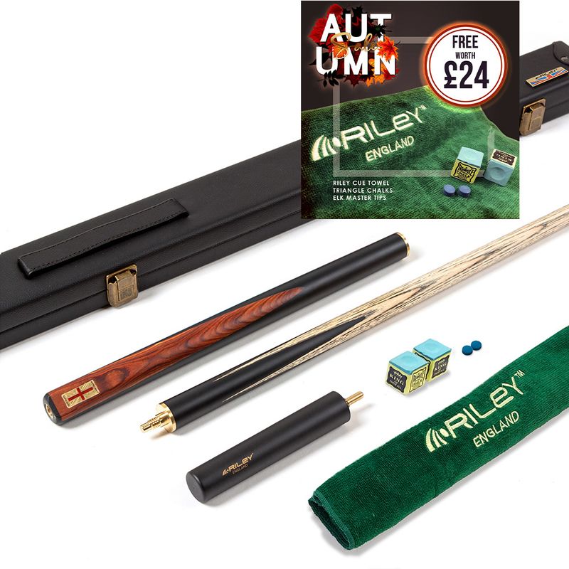 Riley England 3 Piece Snooker Cue and Hard Case 3/4 Cut- Layered Ebonised Black Wood Butt with 9.5mm Tip - 145cm - Black/Brown Wood