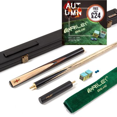 Riley England 3 Piece Snooker Cue and Hard Case 3/4 Cut- Layered Ebonised Black Wood Butt with 9.5mm Tip - 145cm - Black/ Maple Wood
