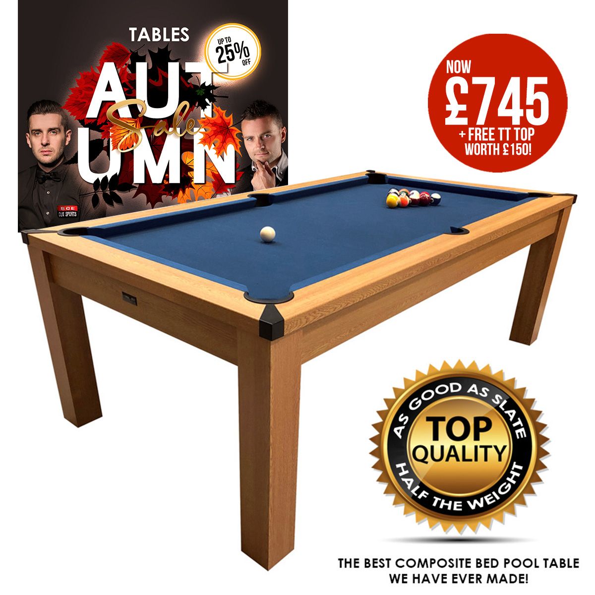Riley 7ft Semi Pro American Pool Table - Oak with Blue Cloth - Metal Frame - Free Table Tennis/Dining Top, 2 Pc Table Top with Table Table Tennis Feature: FREE - Yes Please!