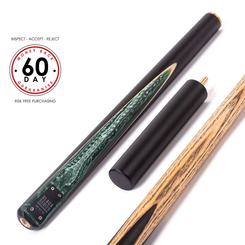 BCE Black Series - 3 Piece Snooker Cue and Hard Case - 3/4 Cut Cue - Layered Ebonised Black Wood Butt - 9.5mm Tip - 145cm - Black/ Green and White Marbleised Resin