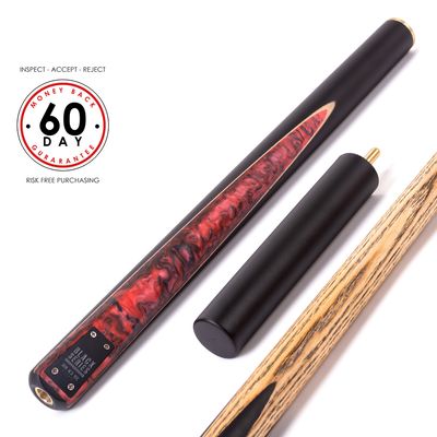 BCE Black Series - 3 Piece Snooker Cue and Hard Case - 3/4 Cut Cue - Layered Ebonised Black Wood Butt - 9.5mm Tip - 145cm - Black/ Red and Black Marbleised Resin