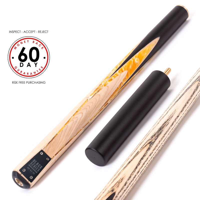 BCE Black Series - 3 Piece Snooker Cue and Hard Case - 3/4 Cut Cue - Layered Ebonised Black Wood Butt - 9.5mm Tip - 145cm - Black/ Yellow and White Marbleised Resin / Natural Wood