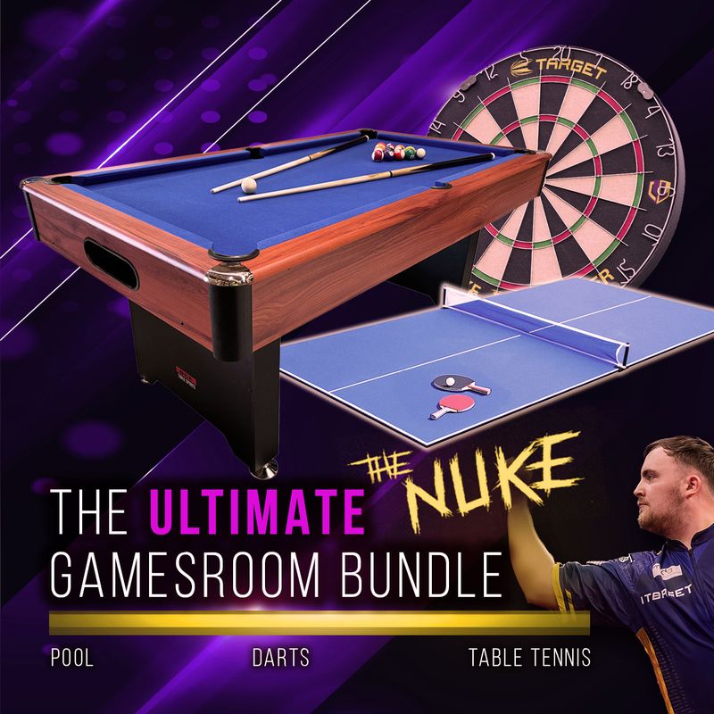 BCE 6Ft Pool Table With Ball Return System, Darts and Table Tennis Top