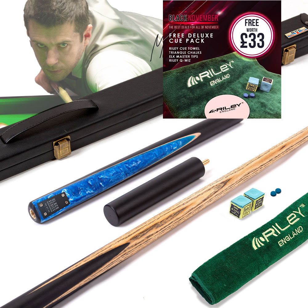 BCE Black Series - Mark Selby - 3 Piece Snooker Cue and Hard Case - 3/4 Cut Cue - Layered Ebonised Black Wood Butt  - 9.5mm Tip - 145cm - Black/ Blue and White Marbleised Resin